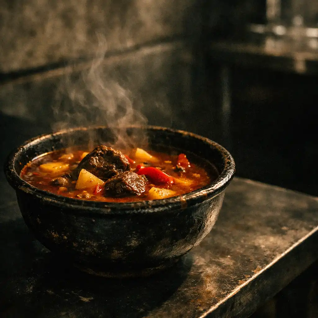 Gőzölgő füstös gulyásleves sötét kerámiatálban